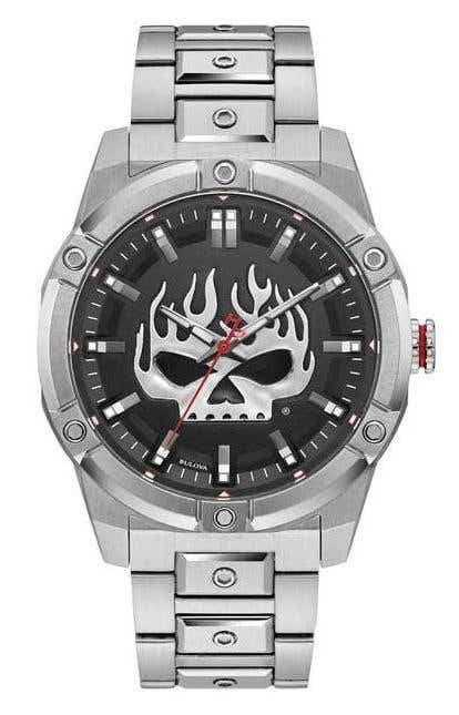 HARLEY-DAVIDSON MENS FLAMING WILLIE G SKULL STAINLESS STEEL WATCH