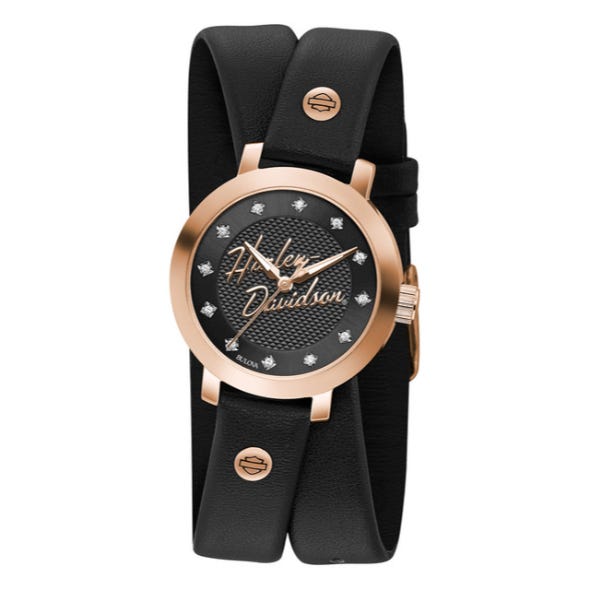 HARLEY-DAVIDSON WOMENS ROSE-GOLD CRYSTAL DOUBLE WRAP LEATHER WATCH