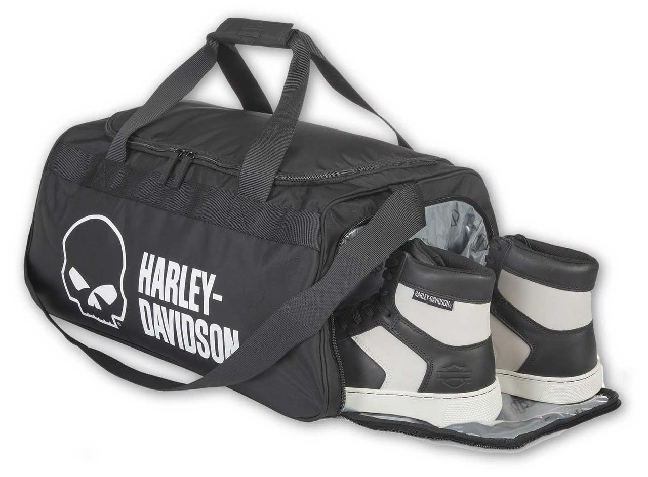 HARLEY-DAVIDSON HARLEY-DAVIDSON  WILLIE G SKULL LOGO DUFFEL BAG W/ SIDE SHOE POCKET - BLACK