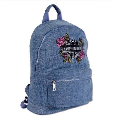 HARLEY-DAVIDSON WOMENS HARLEY DAVIDSON WOMENS EMBROIDERED ROSE DENIM BACKPACK