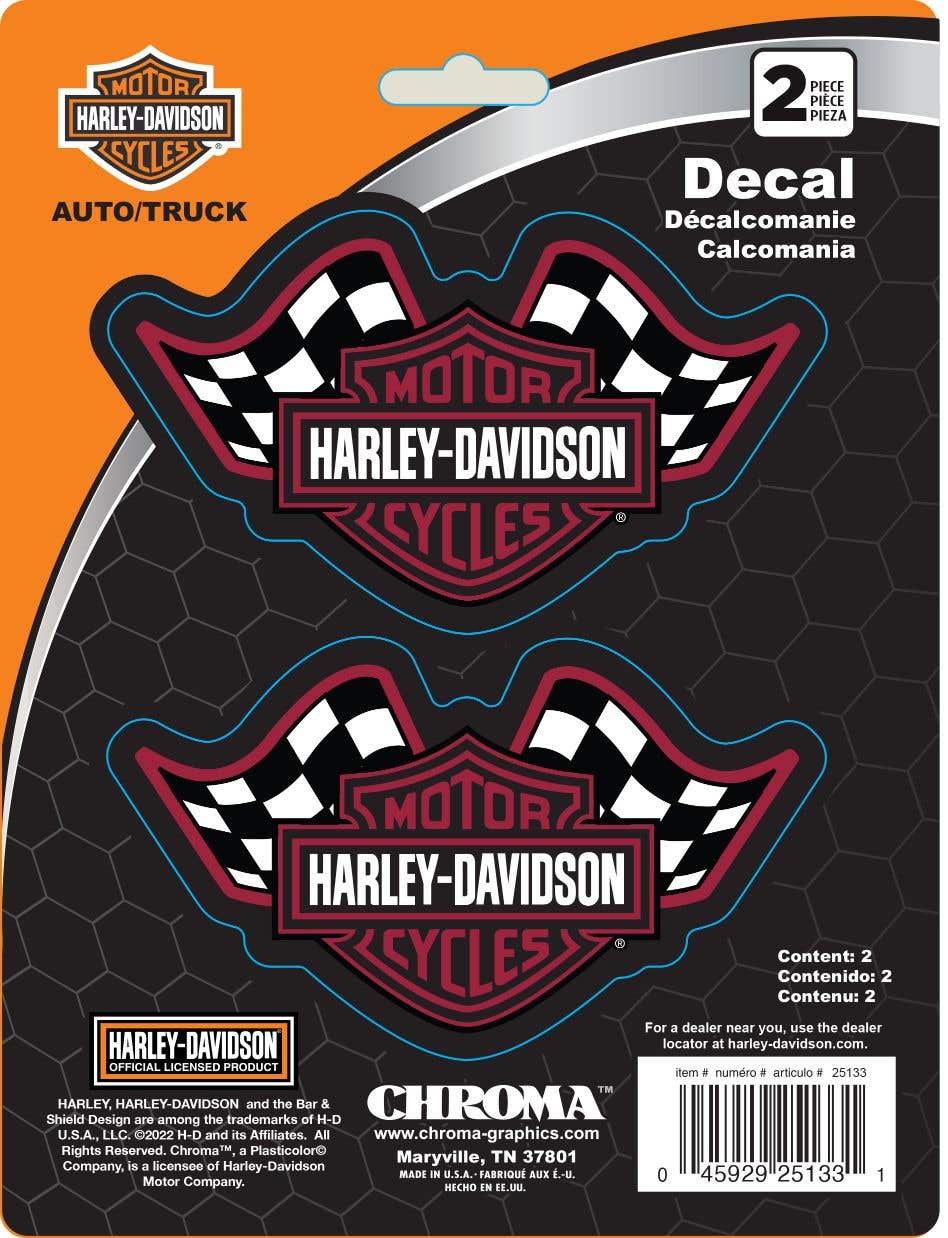 HARLEY-DAVIDSON BAR & SHIELD WITHRACING FLAGS 6X8 DECAL
