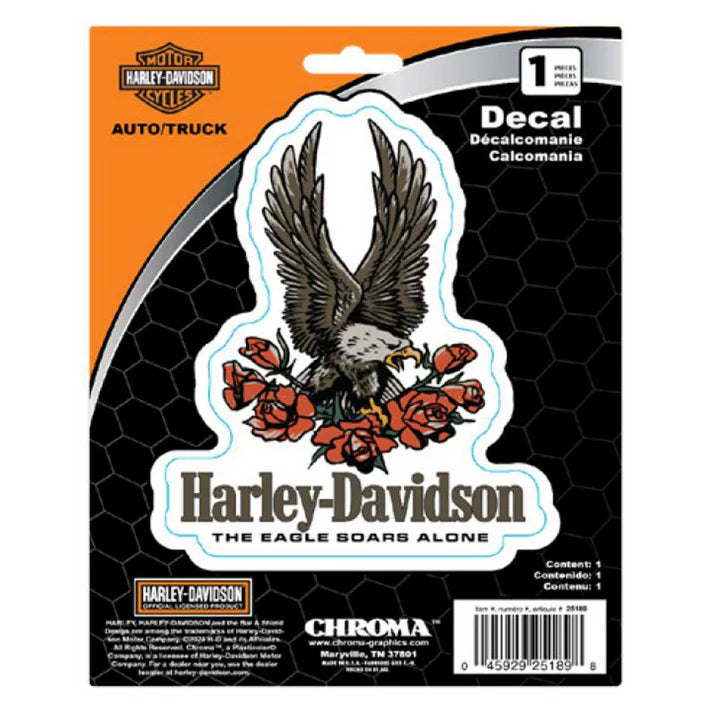 Harley-Davidson Text & Eagle with Roses Vinyl Decal 6″×8″ – Classic Eagle & Roses Motorcycle/Vehicle Sticker