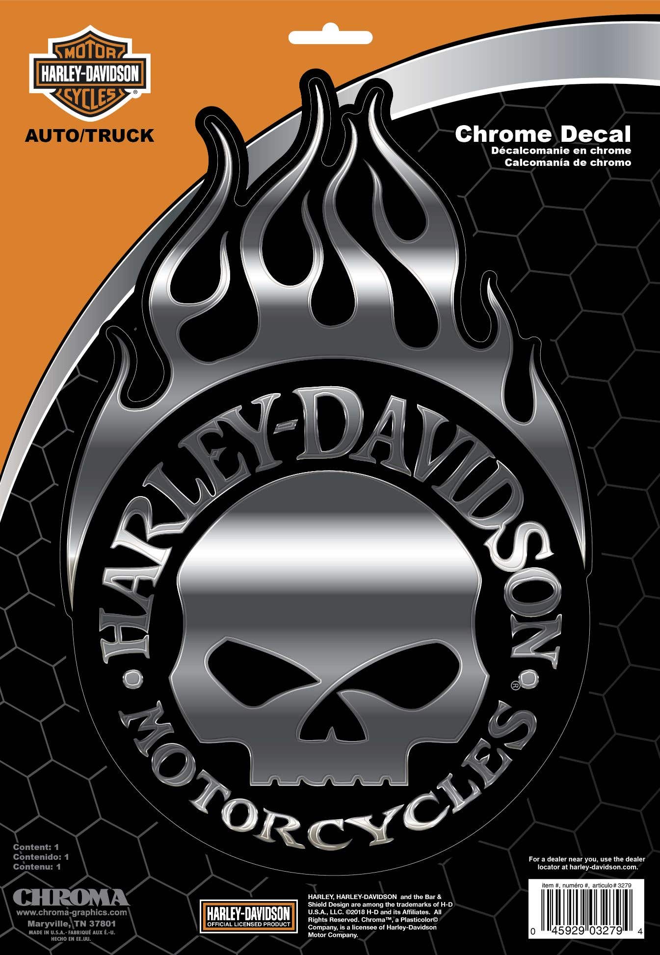 HARLEY-DAVIDSON FLAMING WILLIE G SKULL DECAL11 X 7  IN.