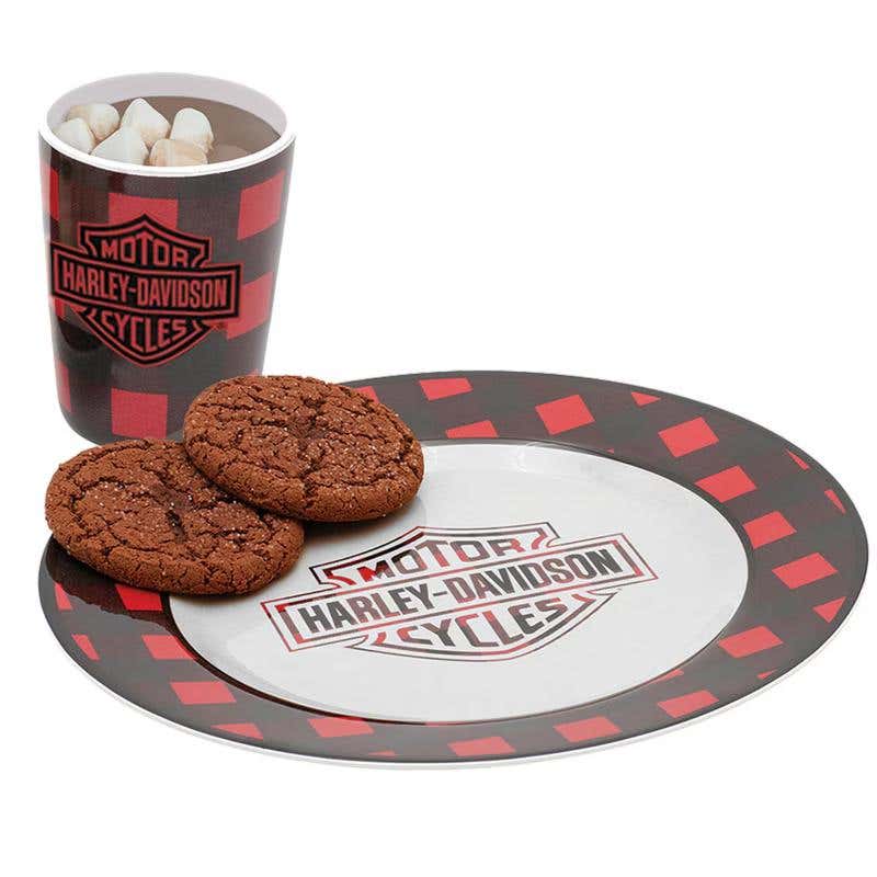 HARLEY-DAVIDSON H-D HOLIDAY PLAID COOKIE PLATE & CUP SET