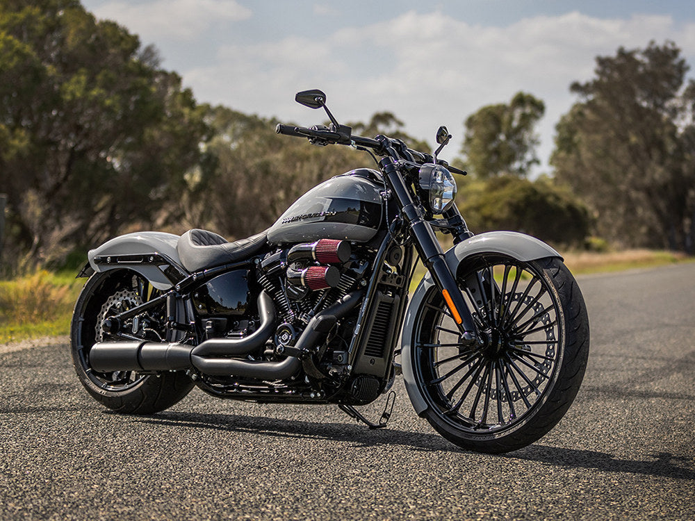 2-into-1 Two Step Exhaust - Black with Black End Cap. Fits Softail Breakout & Fatboy 2018up with 240 Tyre. - Freedom Performance Exhaust