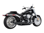 2-into-1 Two Step Exhaust – Black with Black End Cap. Fits Softail Breakout & Fatboy 2018up with 240 Tyre. – Freedom Performance Exhaust