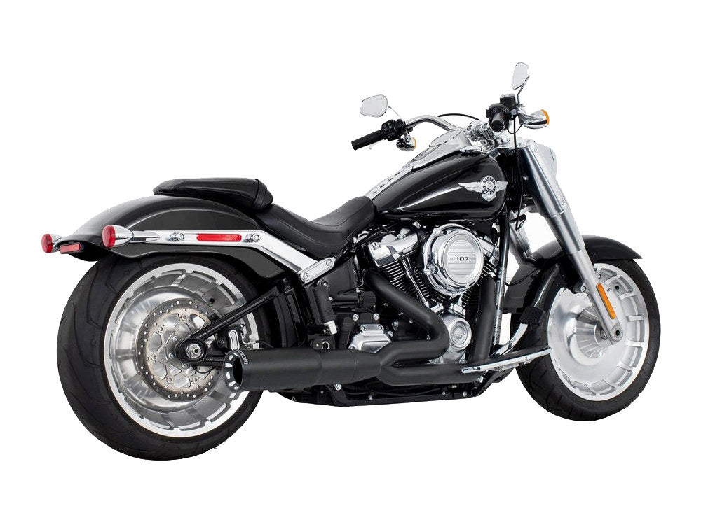 2-into-1 Two Step Exhaust - Black with Black End Cap. Fits Softail Breakout & Fatboy 2018up with 240 Tyre. - Freedom Performance Exhaust