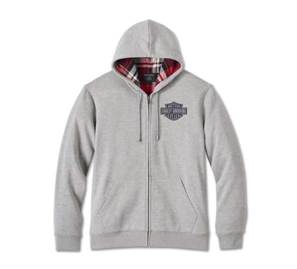 HARLEY-DAVIDSON MENS BAR & SHIELD PLAID LINED ZIP-UP HOODIE