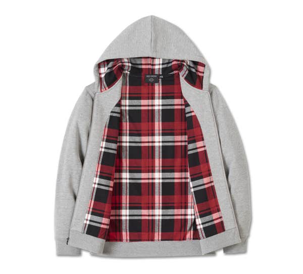 HARLEY-DAVIDSON MENS BAR & SHIELD PLAID LINED ZIP-UP HOODIE