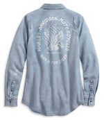 HARLEY-DAVIDSON WOMENS BORN FOR SPEED DENIM LONG SLEEVE WOVEN SHIRT