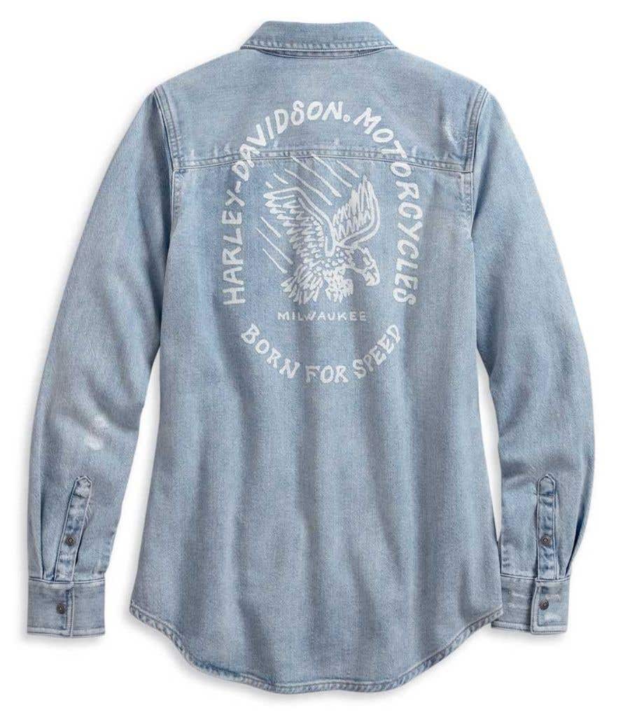 HARLEY-DAVIDSON WOMENS BORN FOR SPEED DENIM LONG SLEEVE WOVEN SHIRT