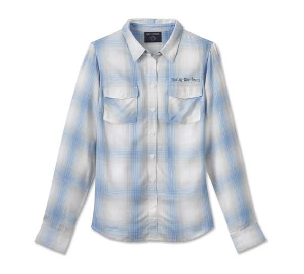 HARLEY-DAVIDSON WOMENS STACKED BAR & SHIELD LONG SLEEVE VISCOSE SHIRT