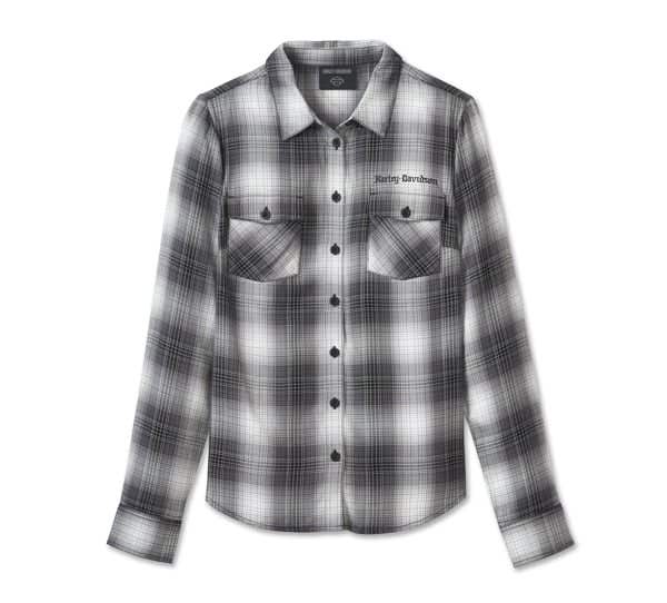 HARLEY-DAVIDSON WOMENS STACKED BAR & SHIELD LONG SLEEVE VISCOSE SHIRT