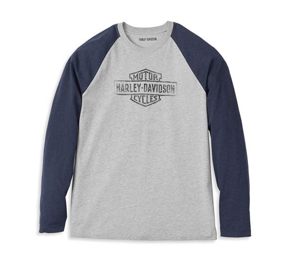 HARLEY-DAVIDSON MENS OIL CAN BAR & SHIELD RAGLAN SLEEVE GRAPHIC TEE