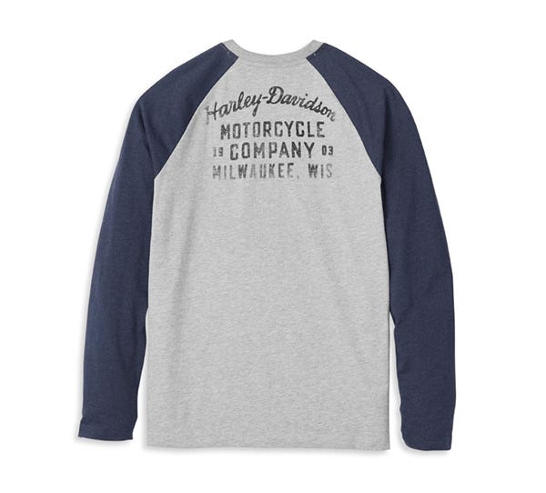 HARLEY-DAVIDSON MENS OIL CAN BAR & SHIELD RAGLAN SLEEVE GRAPHIC TEE
