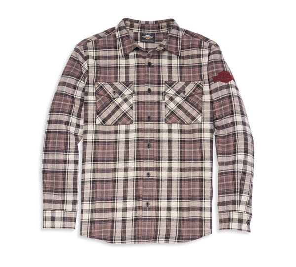 HARLEY-DAVIDSON MENS OIL CAN BAR & SHIELD EMBROIDERED PLAID FLANNEL SHIRT