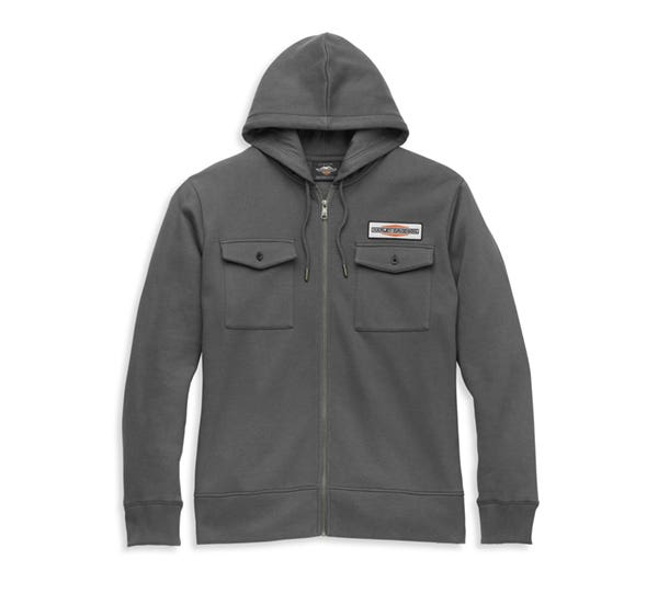 HARLEY-DAVIDSON MENS STACKED LOGO CHEST POCKET ZIP FRONT HOODIE