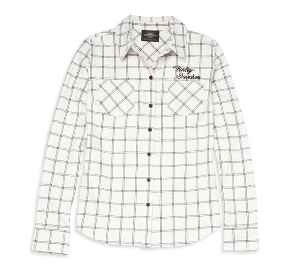 HARLEY-DAVIDSON WOMENS SILVER WING SCRIPT FONT TWO POCKET PLAID FLANNEL SHIRT