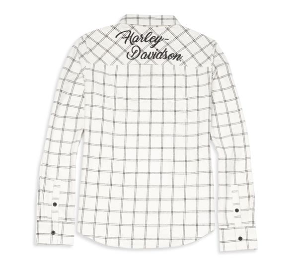 HARLEY-DAVIDSON WOMENS SILVER WING SCRIPT FONT TWO POCKET PLAID FLANNEL SHIRT