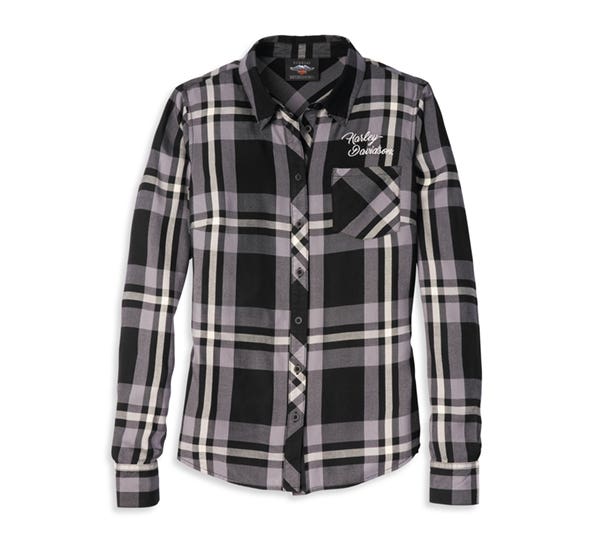 HARLEY-DAVIDSON WOMENS SILVER WING SCRIPT FONT ONE POCKET PLAID SHIRT