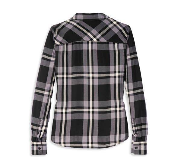 HARLEY-DAVIDSON WOMENS SILVER WING SCRIPT FONT ONE POCKET PLAID SHIRT