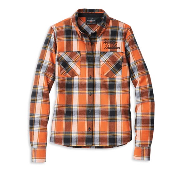 HARLEY-DAVIDSON WOMENS ICONIC SCRIPT FONT TWO POCKET PLAID FLANNEL SHIRT