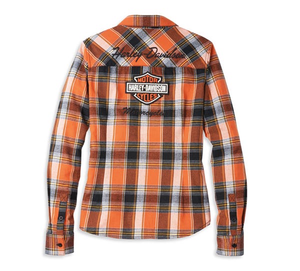 HARLEY-DAVIDSON WOMENS ICONIC SCRIPT FONT TWO POCKET PLAID FLANNEL SHIRT
