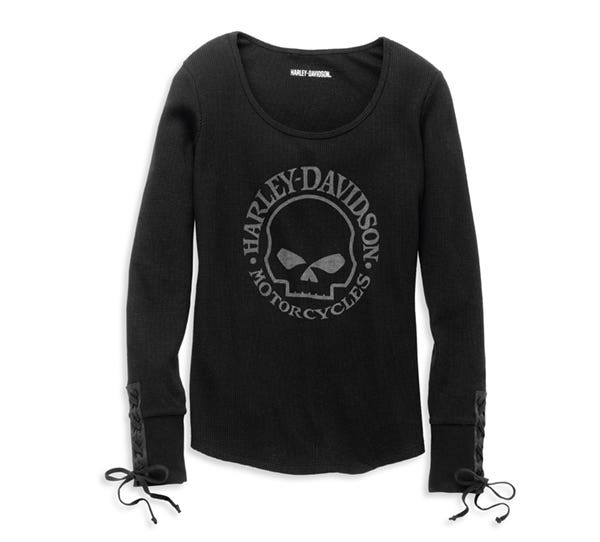 HARLEY-DAVIDSON WOMENS WILLIE G(TM) SKULL LACED DETAIL WAFFLE KNIT TOP