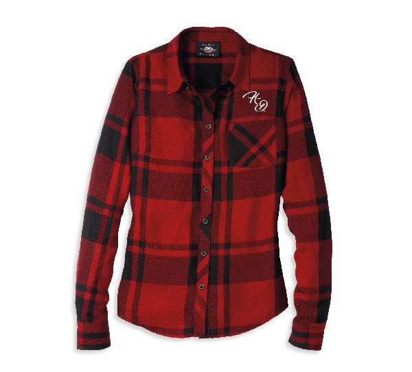 HARLEY-DAVIDSON WOMENS SILVER WING SCRIPT FONT ONE POCKET PLAID SHIRT