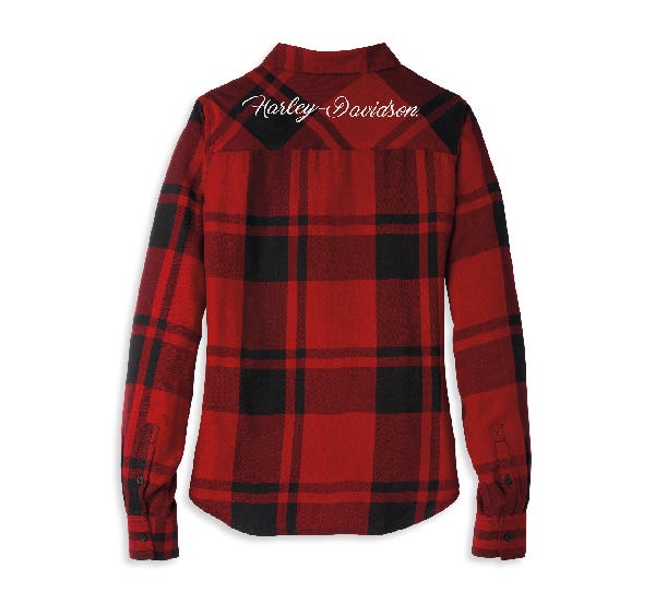 HARLEY-DAVIDSON WOMENS SILVER WING SCRIPT FONT ONE POCKET PLAID SHIRT