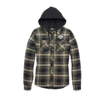 HARLEY-DAVIDSON WOMENS BAR & SHIELD FLANNEL SHIRT JACKET W REMOVABLE HOOD