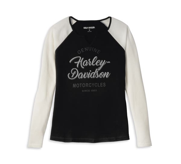 HARLEY-DAVIDSON WOMENS SILVER WING FONT GRAPHIC NOTCH NECK COLORBLOCK WAFFLE KNIT TOP
