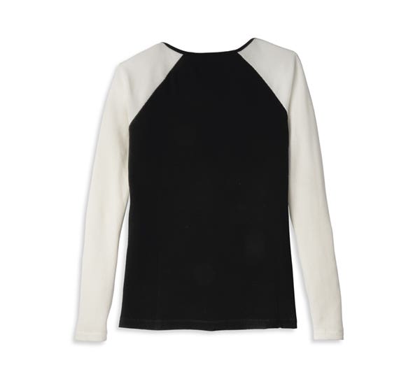 HARLEY-DAVIDSON WOMENS SILVER WING FONT GRAPHIC NOTCH NECK COLORBLOCK WAFFLE KNIT TOP