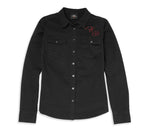 HARLEY-DAVIDSON WOMENS SILVER WING SCRIPT FONT SOLID TWILL SHIRT