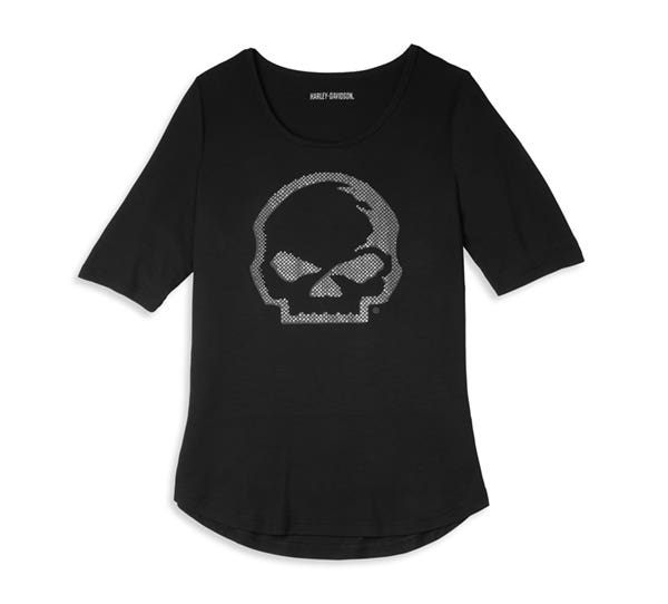HARLEY-DAVIDSON WOMENS WILLE G (TM) SKULL SCOOP NECK GRAPHIC TEE WITH RHINESTONES
