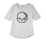 HARLEY-DAVIDSON WOMENS WILLE G (TM) SKULL SCOOP NECK GRAPHIC TEE WITH RHINESTONES