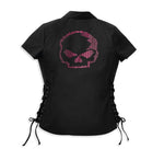 HARLEY-DAVIDSON WOMENS SKULL LACED SIDE SHIRT WITH RHINESTONES