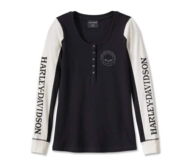 HARLEY-DAVIDSON WOMENS WILLIE G SKULL SNAP FRONT LONG SLEEVE HENLEY