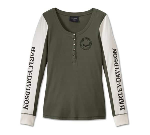 HARLEY-DAVIDSON WOMENS WILLIE G SKULL SNAP FRONT LONG SLEEVE HENLEY