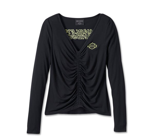 HARLEY-DAVIDSON WOMENS BAR & SHIELD RUCHED V-NECK TOP