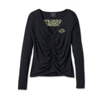 HARLEY-DAVIDSON WOMENS BAR & SHIELD RUCHED V-NECK TOP