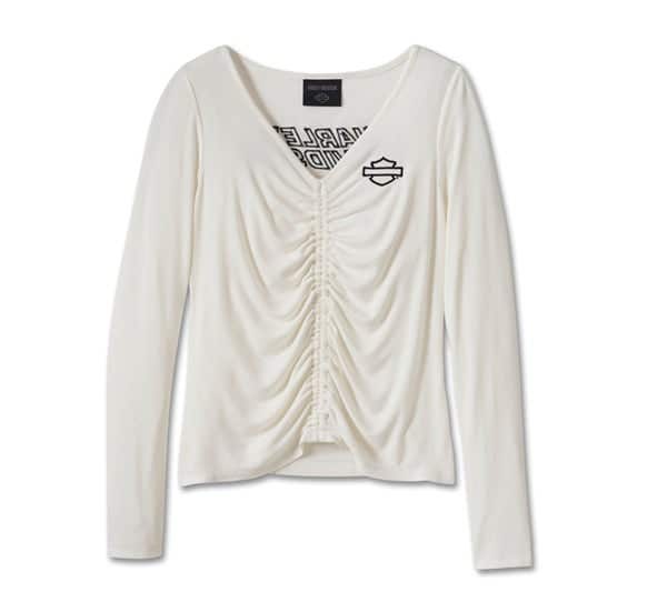 HARLEY-DAVIDSON WOMENS BAR & SHIELD RUCHED V-NECK TOP