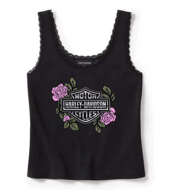 HARLEY-DAVIDSON WOMENS ROSE & THORN BLING LACE TRIM TANK