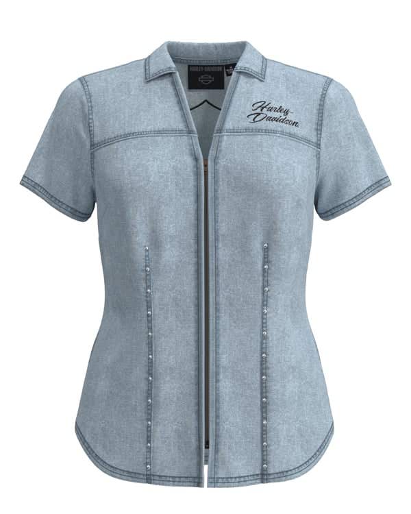 HARLEY-DAVIDSON WOMENS ESSENTIAL BLING CHAMBRAY SHORT SLEEVE ZIP FRONT SHIRT