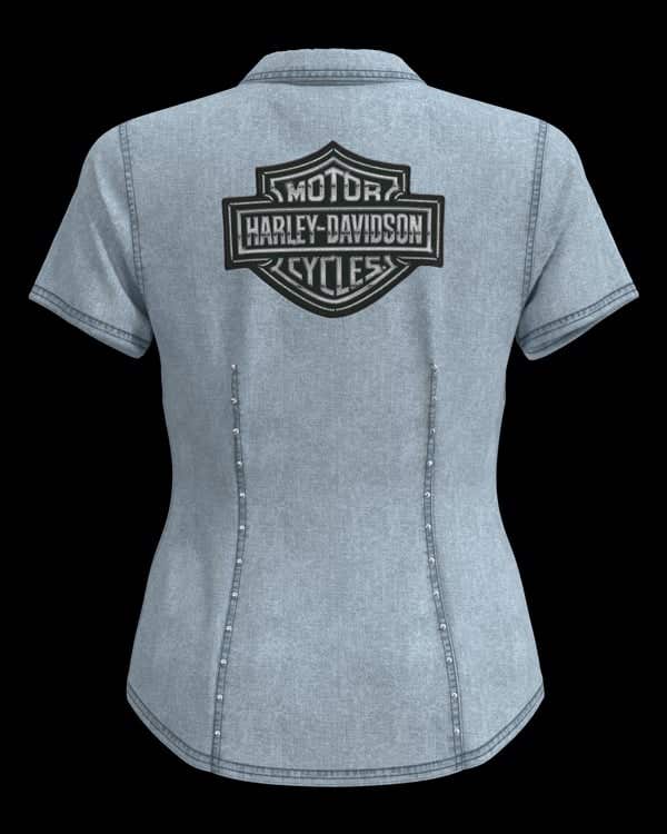 HARLEY-DAVIDSON WOMENS ESSENTIAL BLING CHAMBRAY SHORT SLEEVE ZIP FRONT SHIRT
