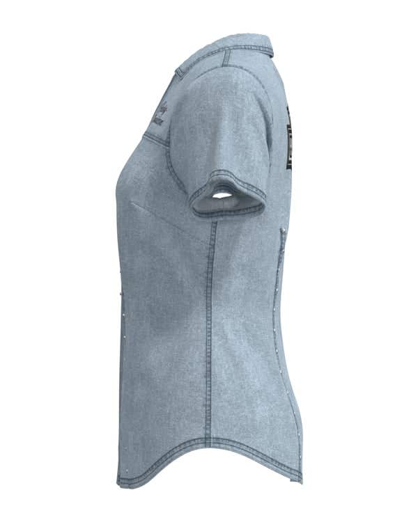HARLEY-DAVIDSON WOMENS ESSENTIAL BLING CHAMBRAY SHORT SLEEVE ZIP FRONT SHIRT