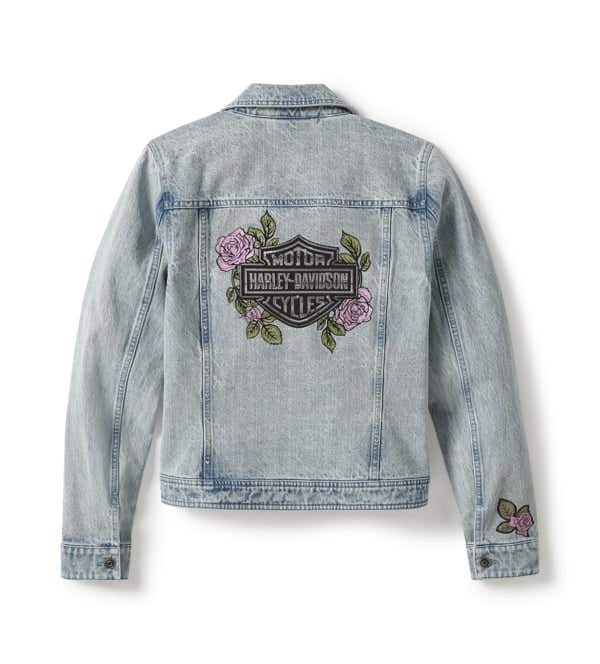HARLEY-DAVIDSON WOMENS ROSE & THORN BLING DENIM JACKET