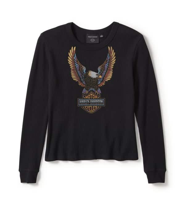 HARLEY-DAVIDSON WOMENS NEON EAGLE DISTRESSED WAFFLE KNIT LONG SLEEVE