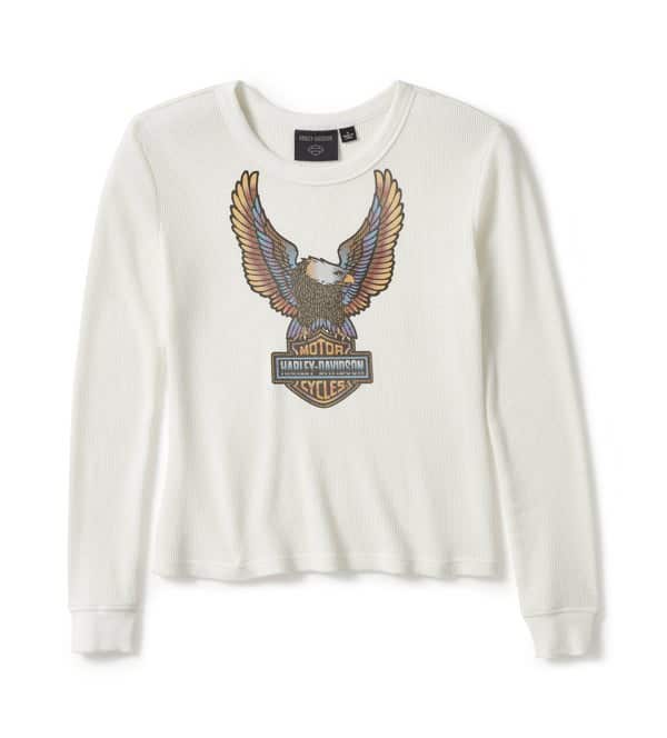 HARLEY-DAVIDSON WOMENS NEON EAGLE DISTRESSED WAFFLE KNIT LONG SLEEVE
