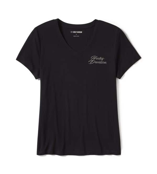 HARLEY-DAVIDSON WOMENS ROSE & THORN BLING V NECK TEE